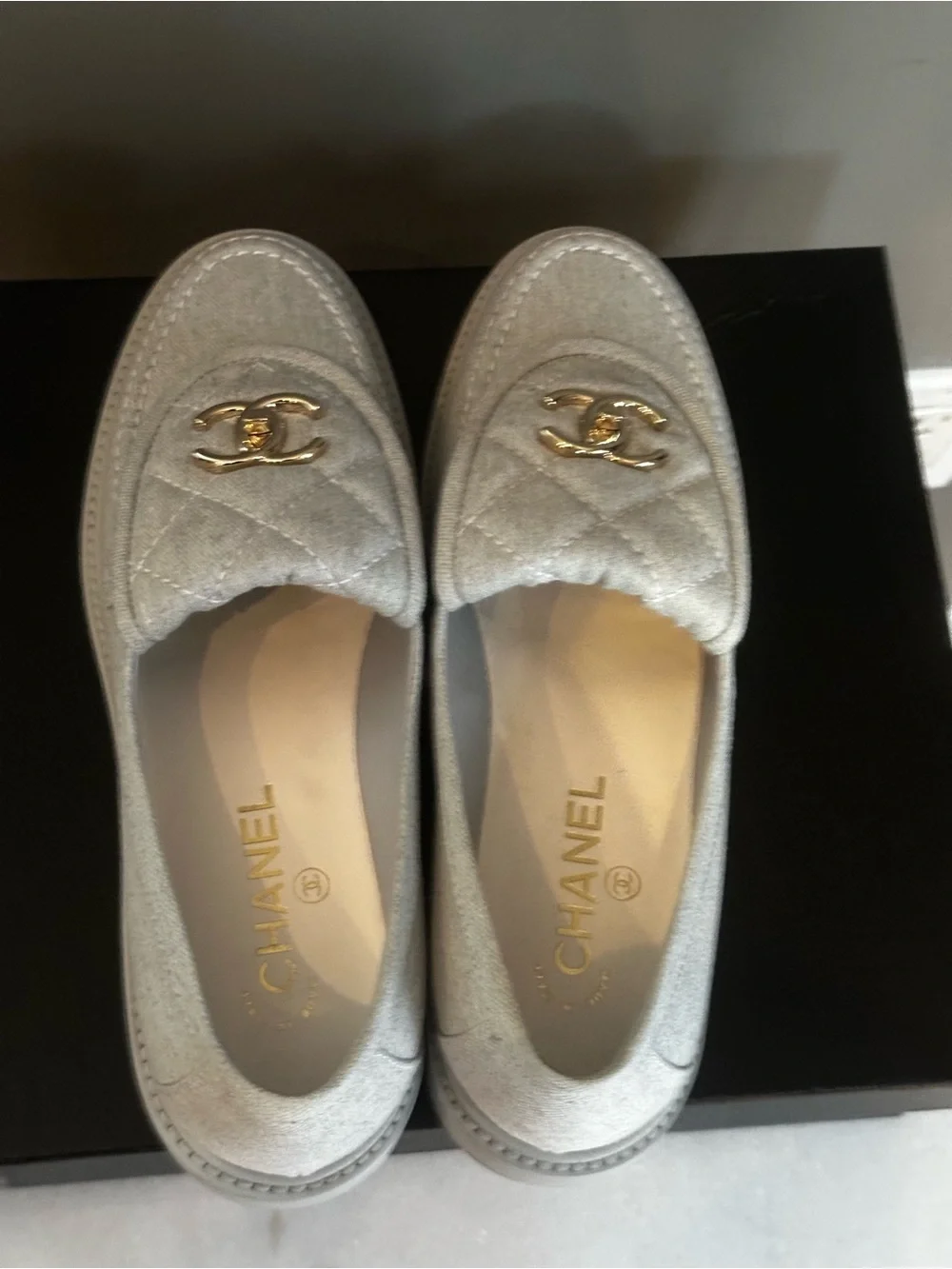 CHANEL light Denim Quilted Loafers with Gold CC Hardware